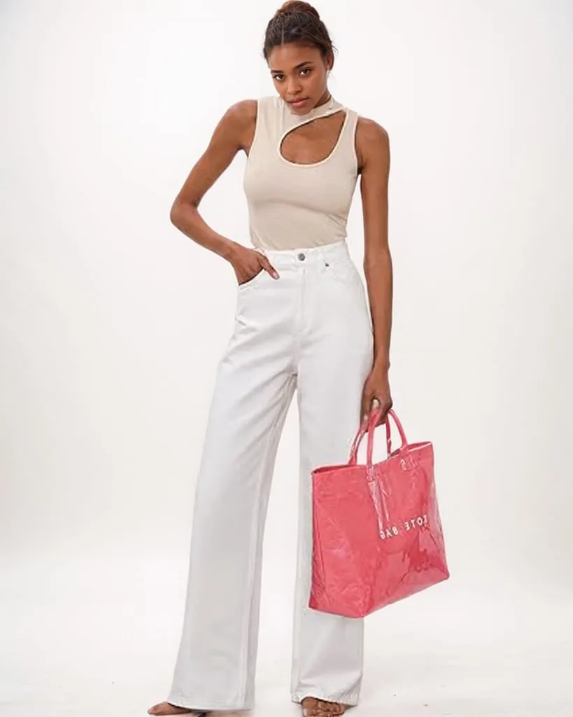 PVC Tote Bag for Women Kraft Paper Large Tote Bag Fashion Paper Bag Trendy Letter Print Tote Bag Top Handle