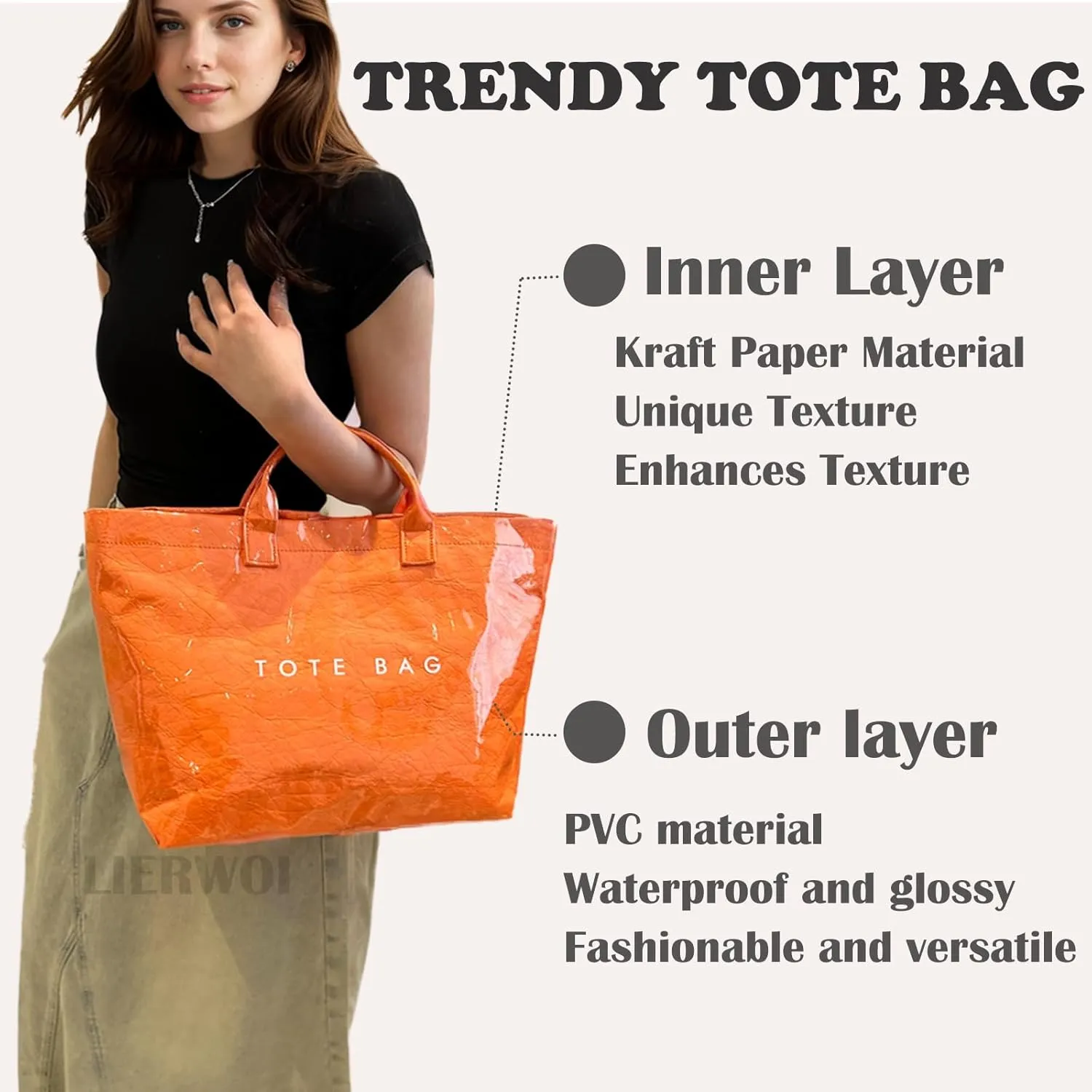 PVC Tote Bag for Women Kraft Paper Large Tote Bag Fashion Paper Bag Trendy Letter Print Tote Bag Top Handle
