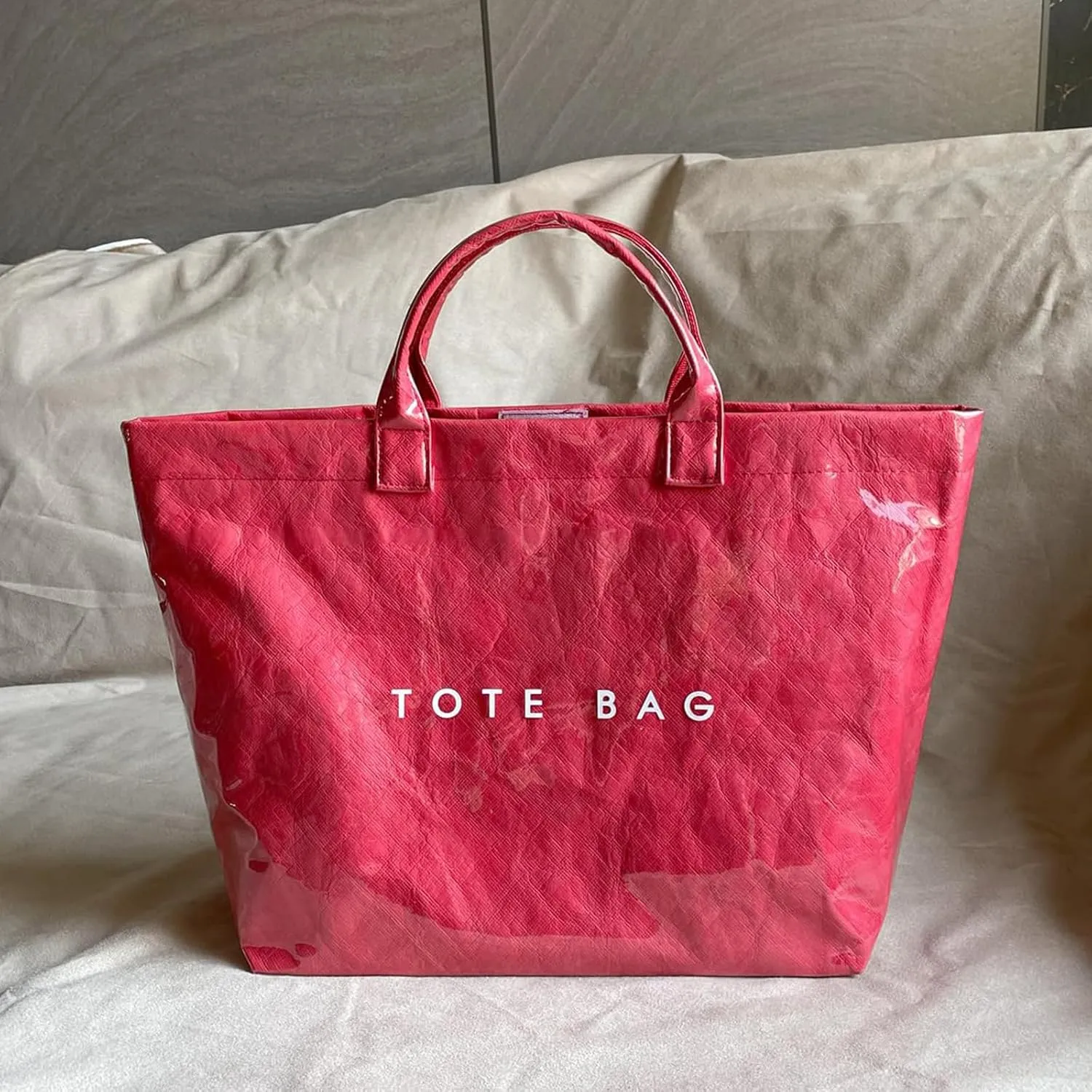 PVC Tote Bag for Women Kraft Paper Large Tote Bag Fashion Paper Bag Trendy Letter Print Tote Bag Top Handle