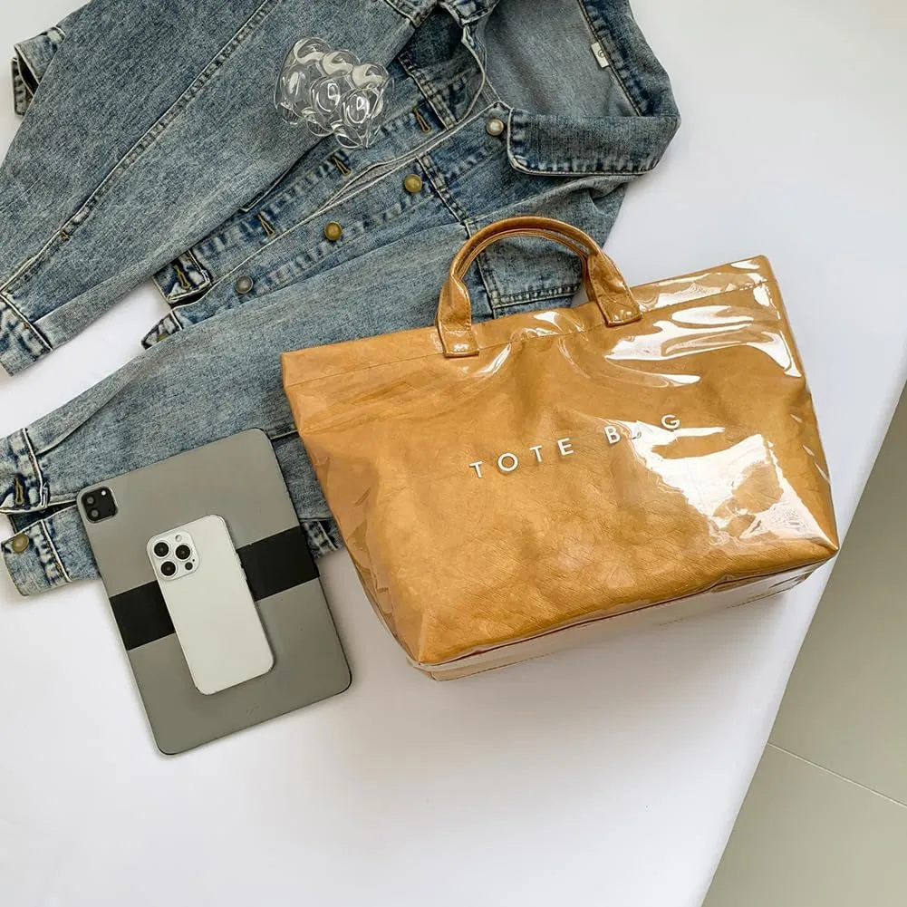 PVC Tote Bag for Women Large Letters Print Handbag Plastic Clear Tote Bag Kraft Paper Handbag