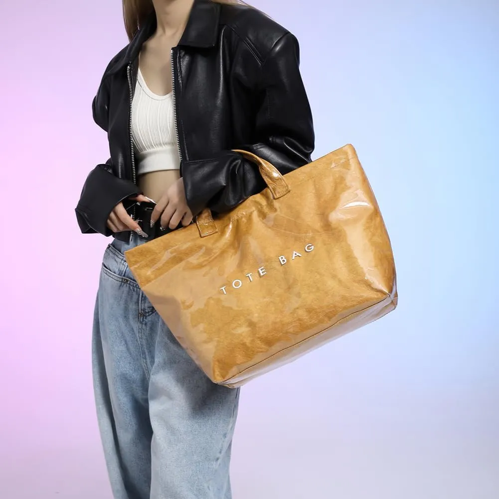 PVC Tote Bag for Women Large Letters Print Handbag Plastic Clear Tote Bag Kraft Paper Handbag