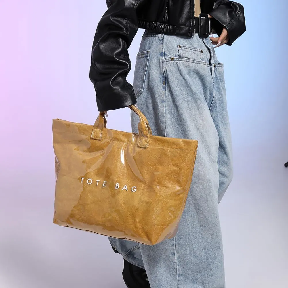 PVC Tote Bag for Women Large Letters Print Handbag Plastic Clear Tote Bag Kraft Paper Handbag
