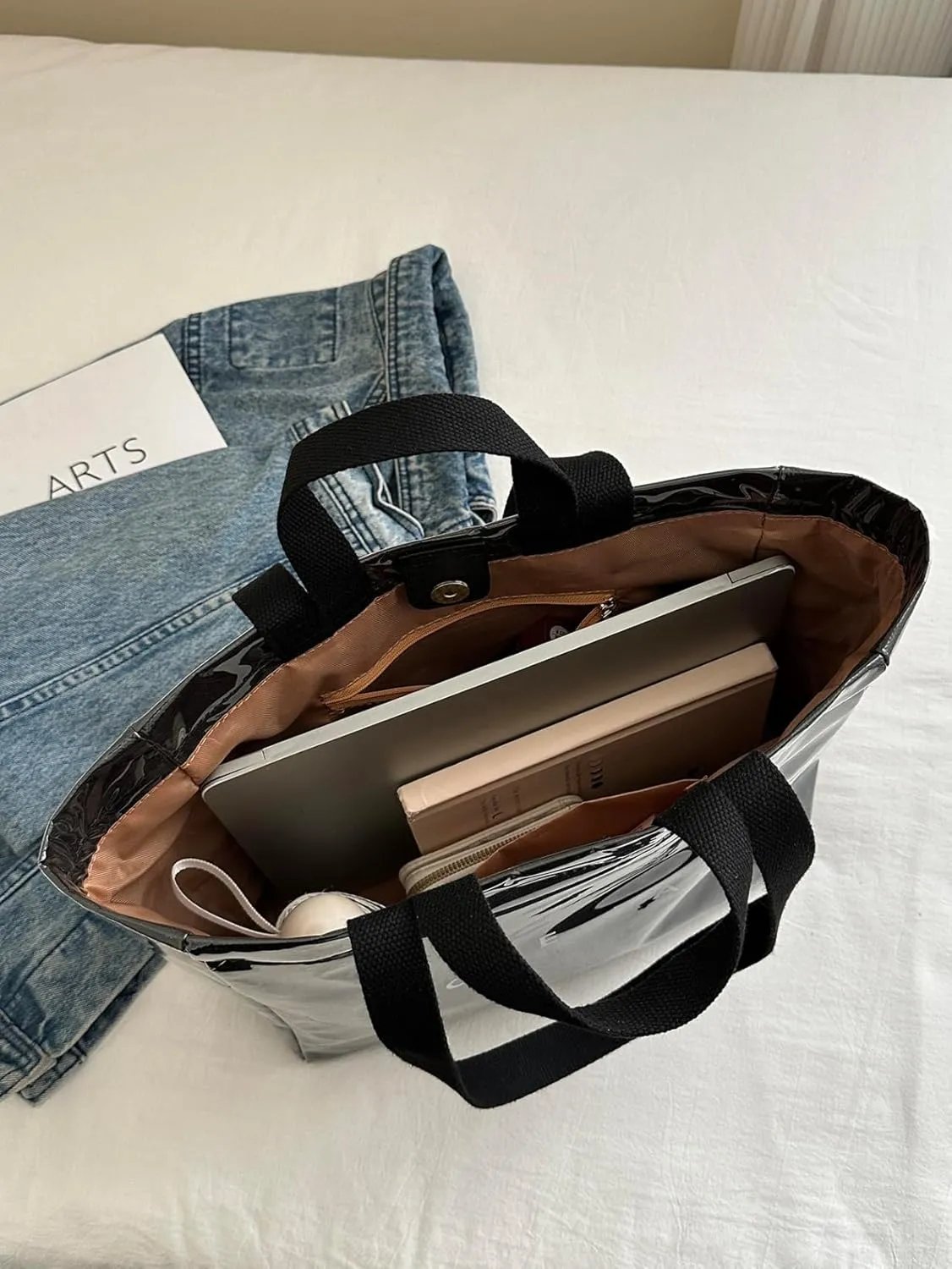 PVC Tote Bag for Women Letters Print Tote Bag Clear Plastic Handbag Large Kraft Paper Purse Hobo Handbag