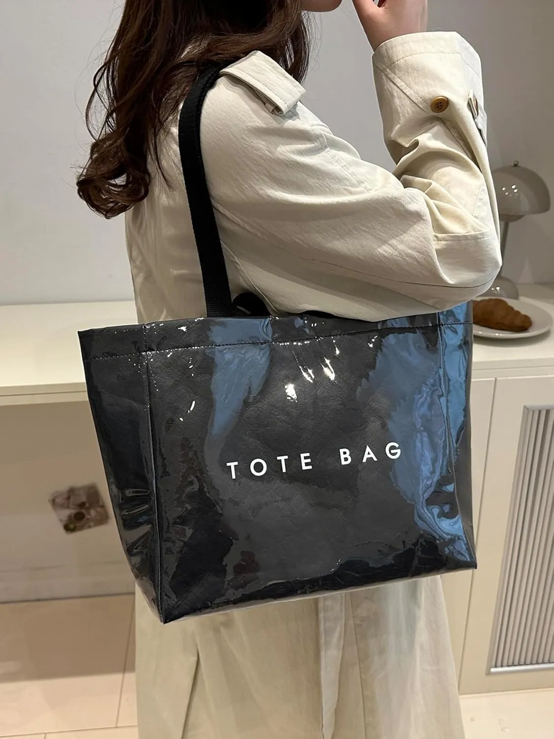 PVC Tote Bag for Women Letters Print Tote Bag Clear Plastic Handbag Large Kraft Paper Purse Hobo Handbag