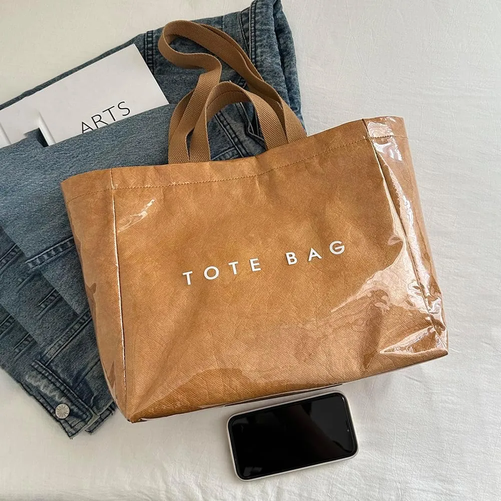 PVC Tote Bag for Women Letters Print Tote Bag Clear Plastic Handbag Large Kraft Paper Purse Hobo Handbag