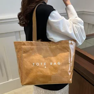 PVC Tote Bag for Women Letters Print Tote Bag Clear Plastic Handbag Large Kraft Paper Purse Hobo Handbag
