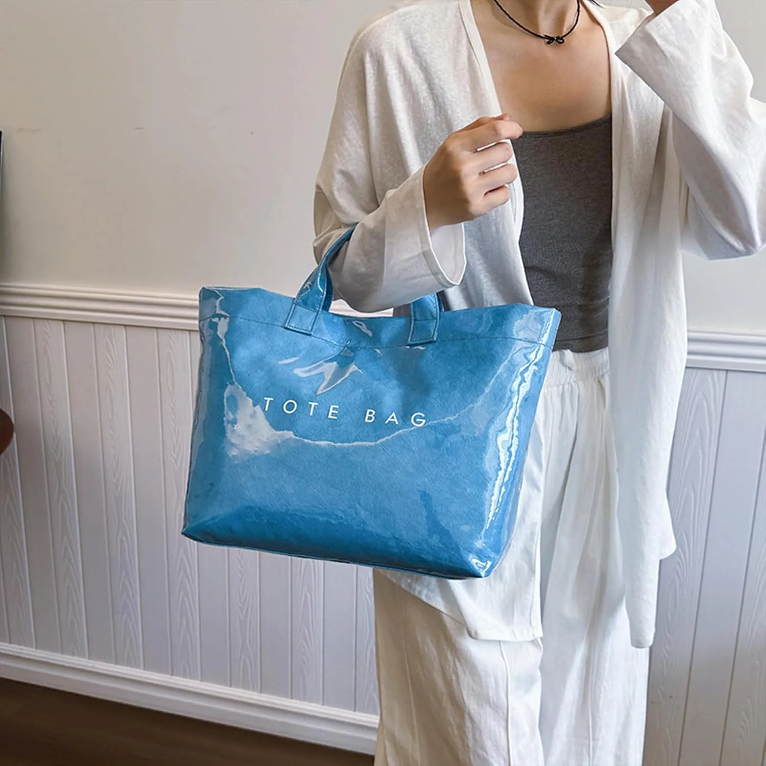 PVC Tote Bag for Women Solid Color Large Letter Print Tote Bag Kraft Paper Clear Plastic Handbag Top Handle Bag