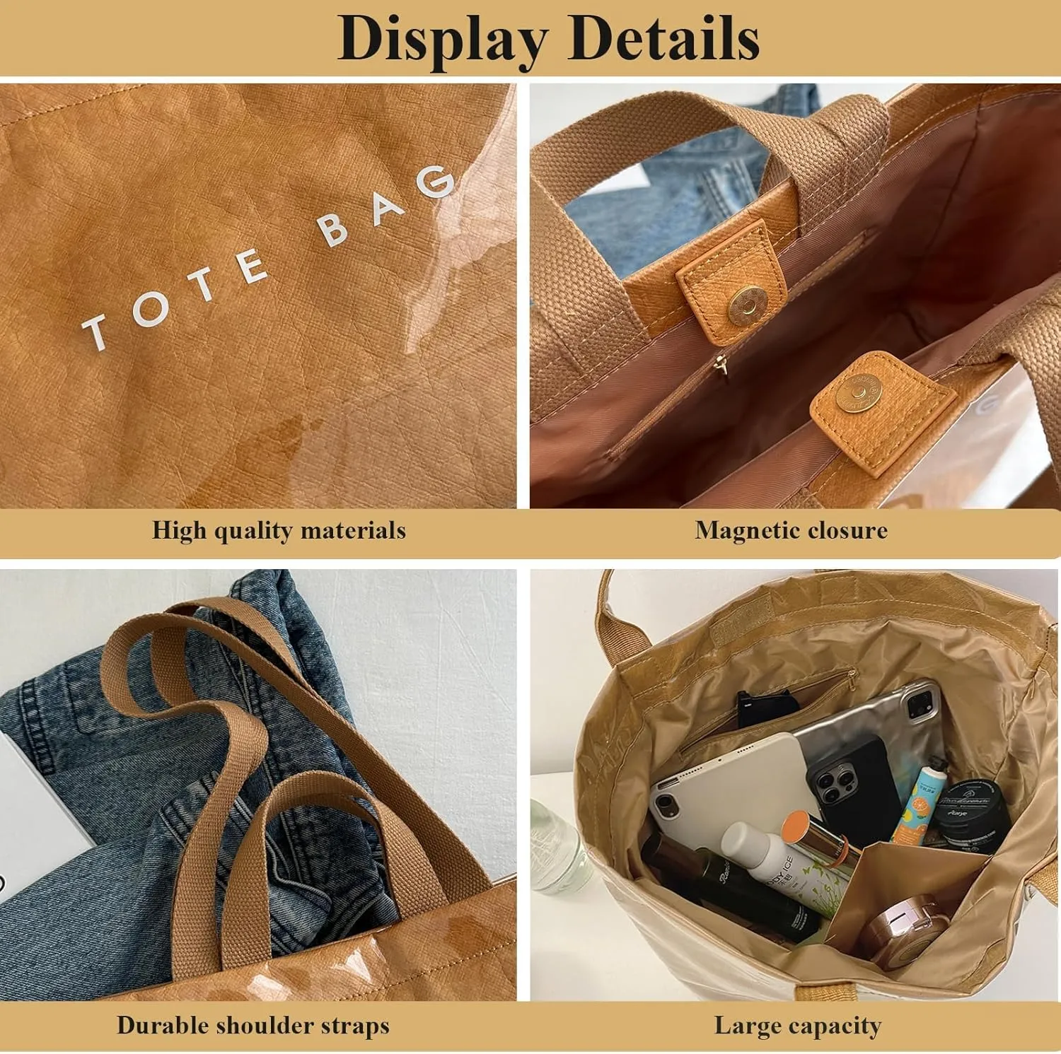 PVC Tote Bag for Women Solid Color Large Letter Print Tote Bag Kraft Paper Clear Plastic Handbag Top Handle Bag