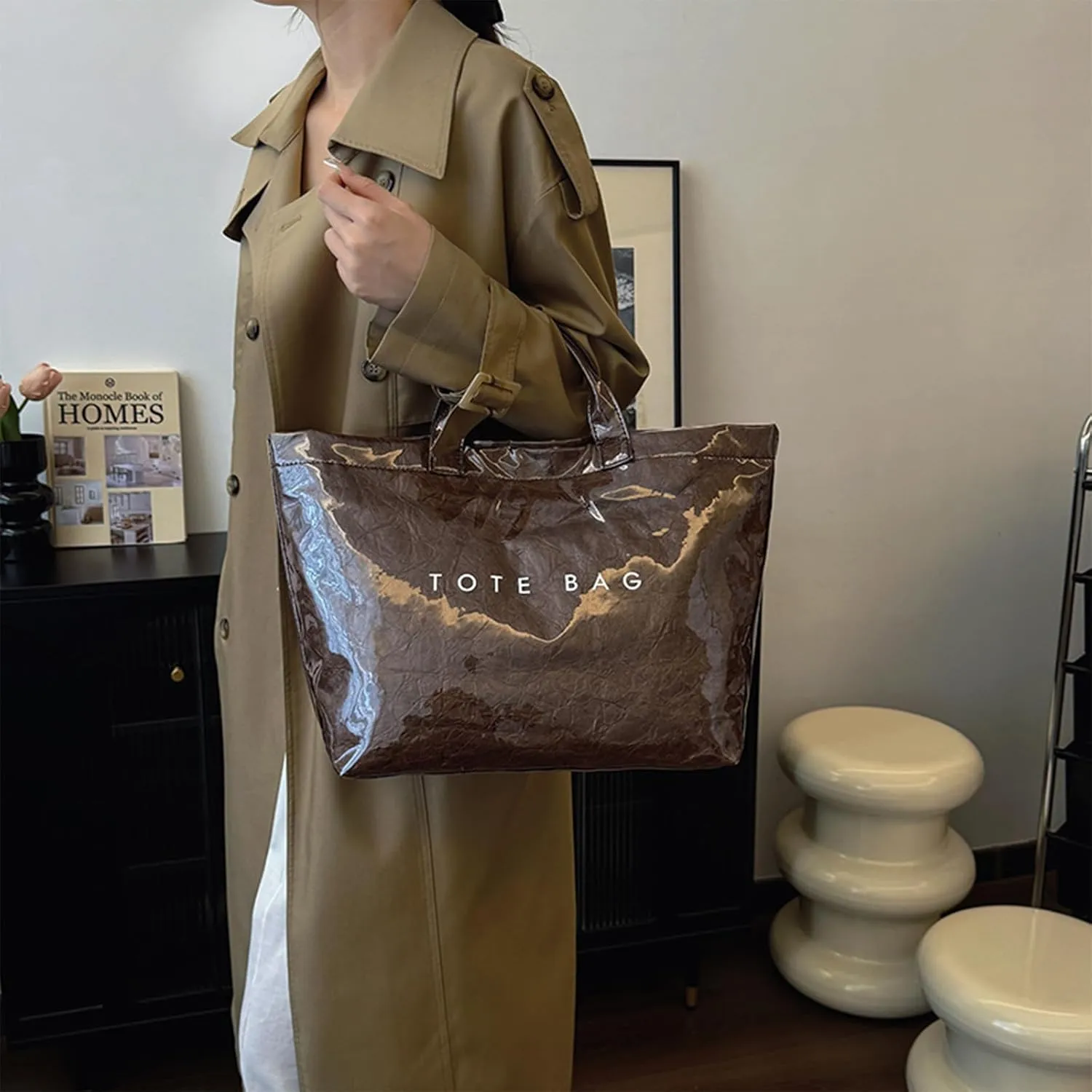 PVC Tote Bag for Women Solid Color Large Letter Print Tote Bag Kraft Paper Clear Plastic Handbag Top Handle Bag