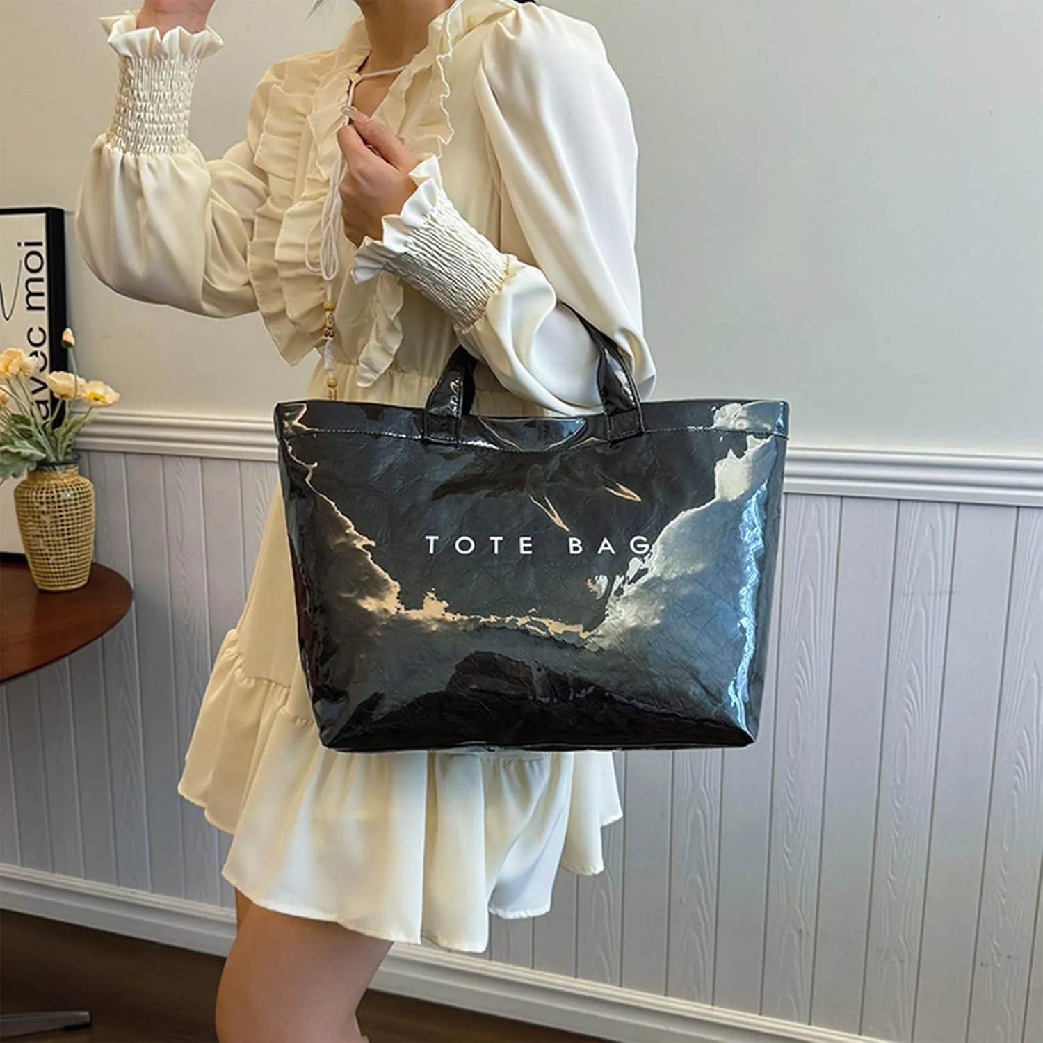 PVC Tote Bag for Women Solid Color Large Letter Print Tote Bag Kraft Paper Clear Plastic Handbag Top Handle Bag