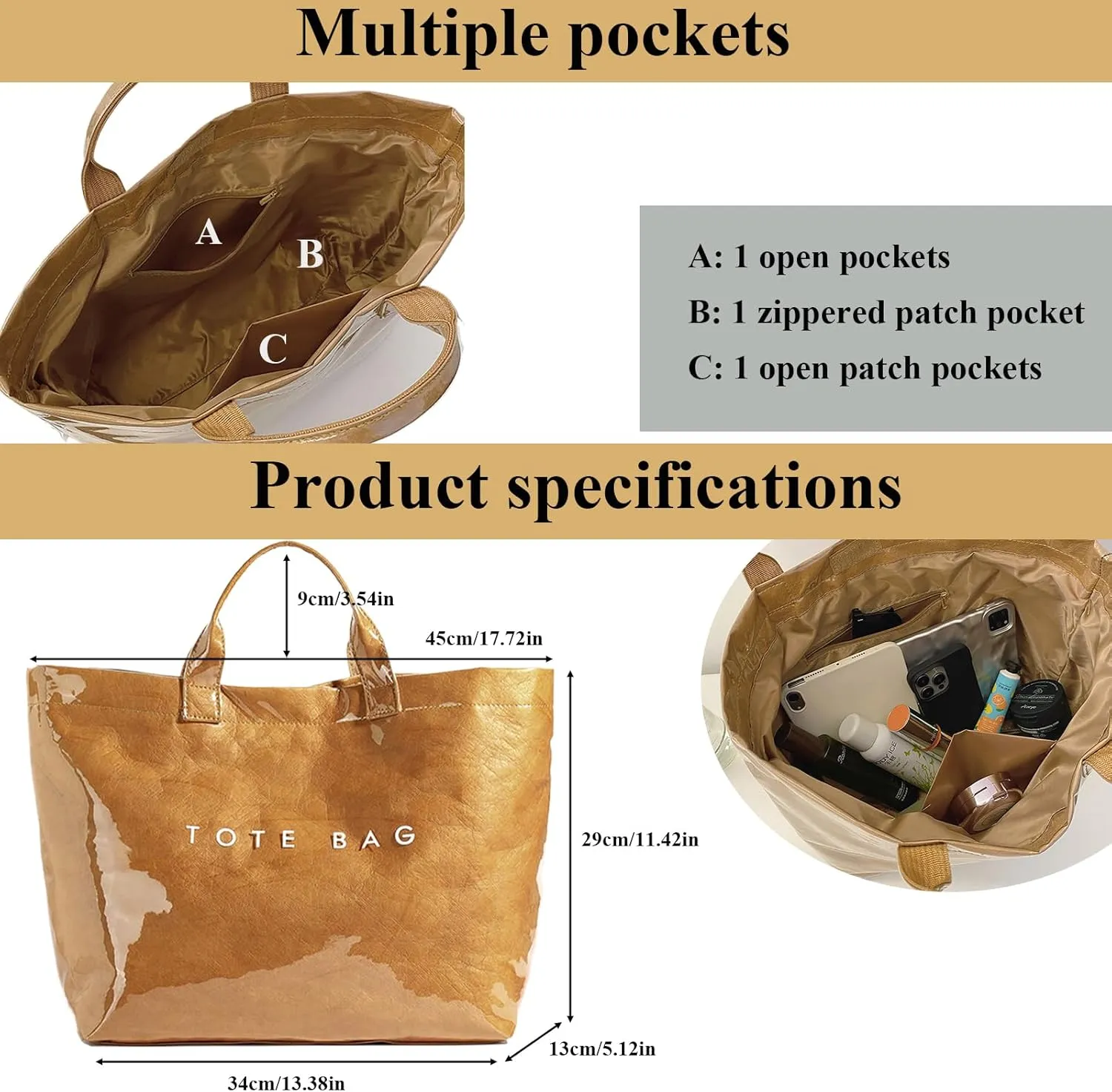 PVC Tote Bag for Women Solid Color Large Letter Print Tote Bag Kraft Paper Clear Plastic Handbag Top Handle Bag