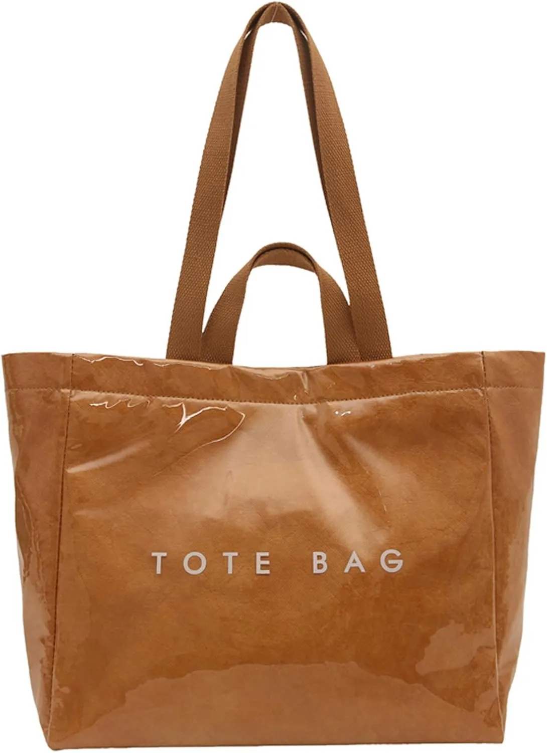 PVC Tote Bag for Women Solid Color Large Letter Print Tote Bag Kraft Paper Clear Plastic Handbag Top Handle Bag