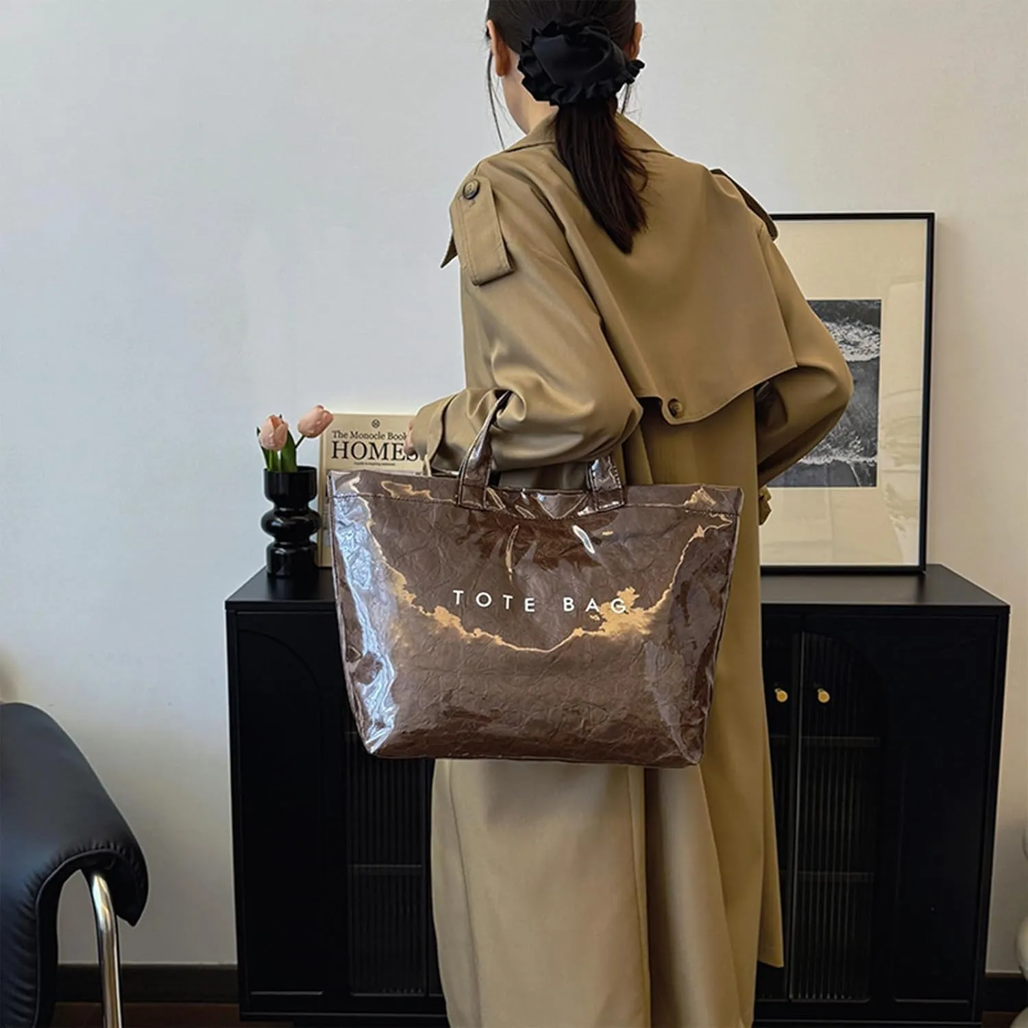 PVC Tote Bag for Women Solid Color Large Letter Print Tote Bag Kraft Paper Clear Plastic Handbag Top Handle Bag