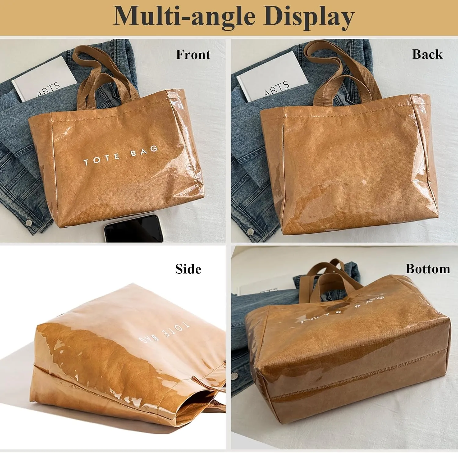 PVC Tote Bag for Women Solid Color Large Letter Print Tote Bag Kraft Paper Clear Plastic Handbag Top Handle Bag