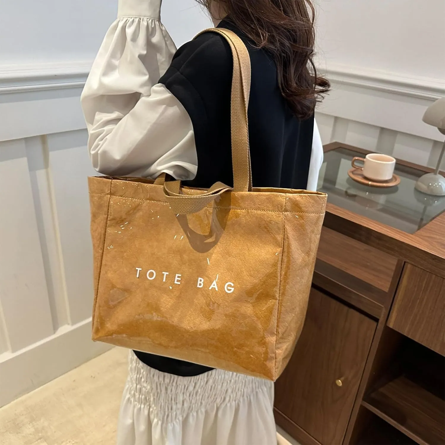 PVC Tote Bag for Women Solid Color Large Letter Print Tote Bag Kraft Paper Clear Plastic Handbag Top Handle Bag