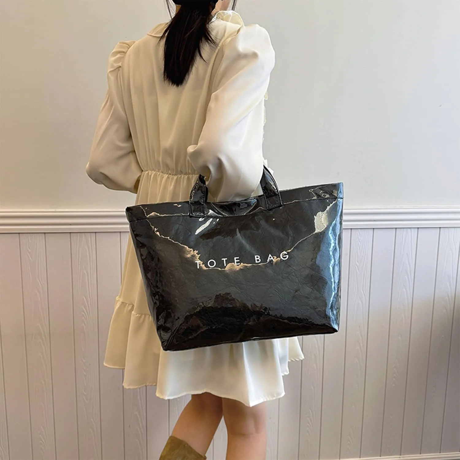 PVC Tote Bag for Women Solid Color Large Letter Print Tote Bag Kraft Paper Clear Plastic Handbag Top Handle Bag