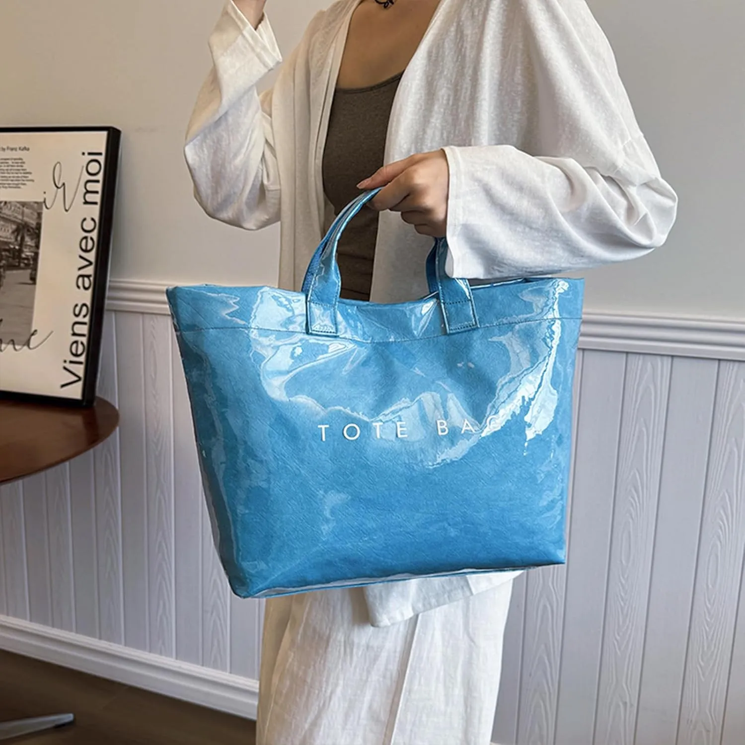 PVC Tote Bag for Women Solid Color Large Letter Print Tote Bag Kraft Paper Clear Plastic Handbag Top Handle Bag