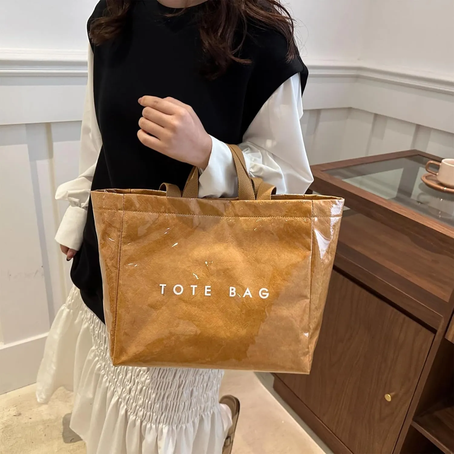 PVC Tote Bag for Women Solid Color Large Letter Print Tote Bag Kraft Paper Clear Plastic Handbag Top Handle Bag