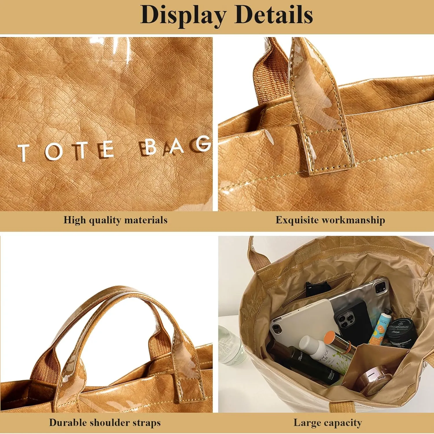 PVC Tote Bag for Women Solid Color Large Letter Print Tote Bag Kraft Paper Clear Plastic Handbag Top Handle Bag
