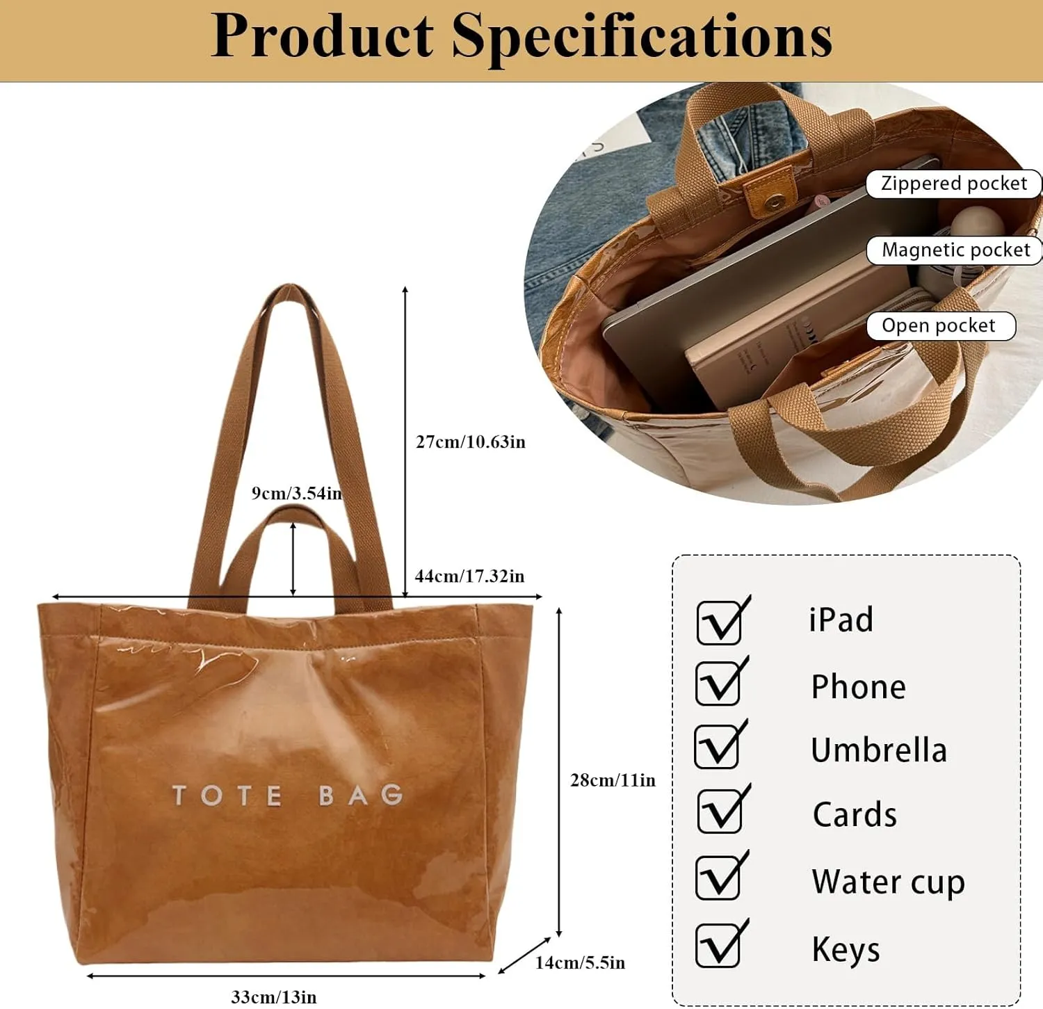 PVC Tote Bag for Women Solid Color Large Letter Print Tote Bag Kraft Paper Clear Plastic Handbag Top Handle Bag