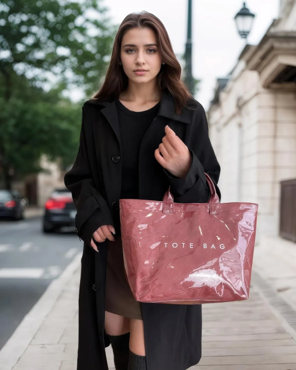 PVC Trendy Tote Bag for Women, Kraft Paper Letter Print Tote Bag Large Work Tote Handbag with Top Handle
