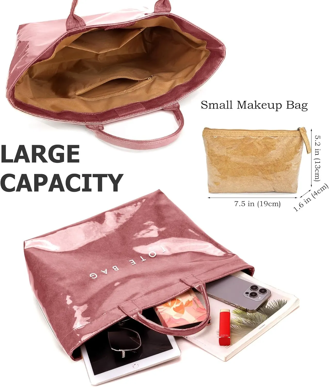 PVC Trendy Tote Bag for Women, Kraft Paper Letter Print Tote Bag Large Work Tote Handbag with Top Handle