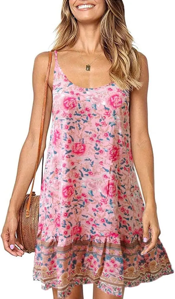 Qearal Womens Boho Floral Printed Dress Summer Sleeveless Adjustable Strap Beach Mini Dress with Pockets