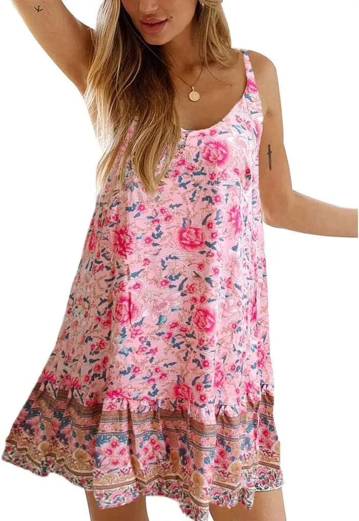 Qearal Womens Boho Floral Printed Dress Summer Sleeveless Adjustable Strap Beach Mini Dress with Pockets