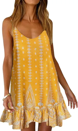 Qearal Womens Boho Floral Printed Dress Summer Sleeveless Adjustable Strap Beach Mini Dress with Pockets