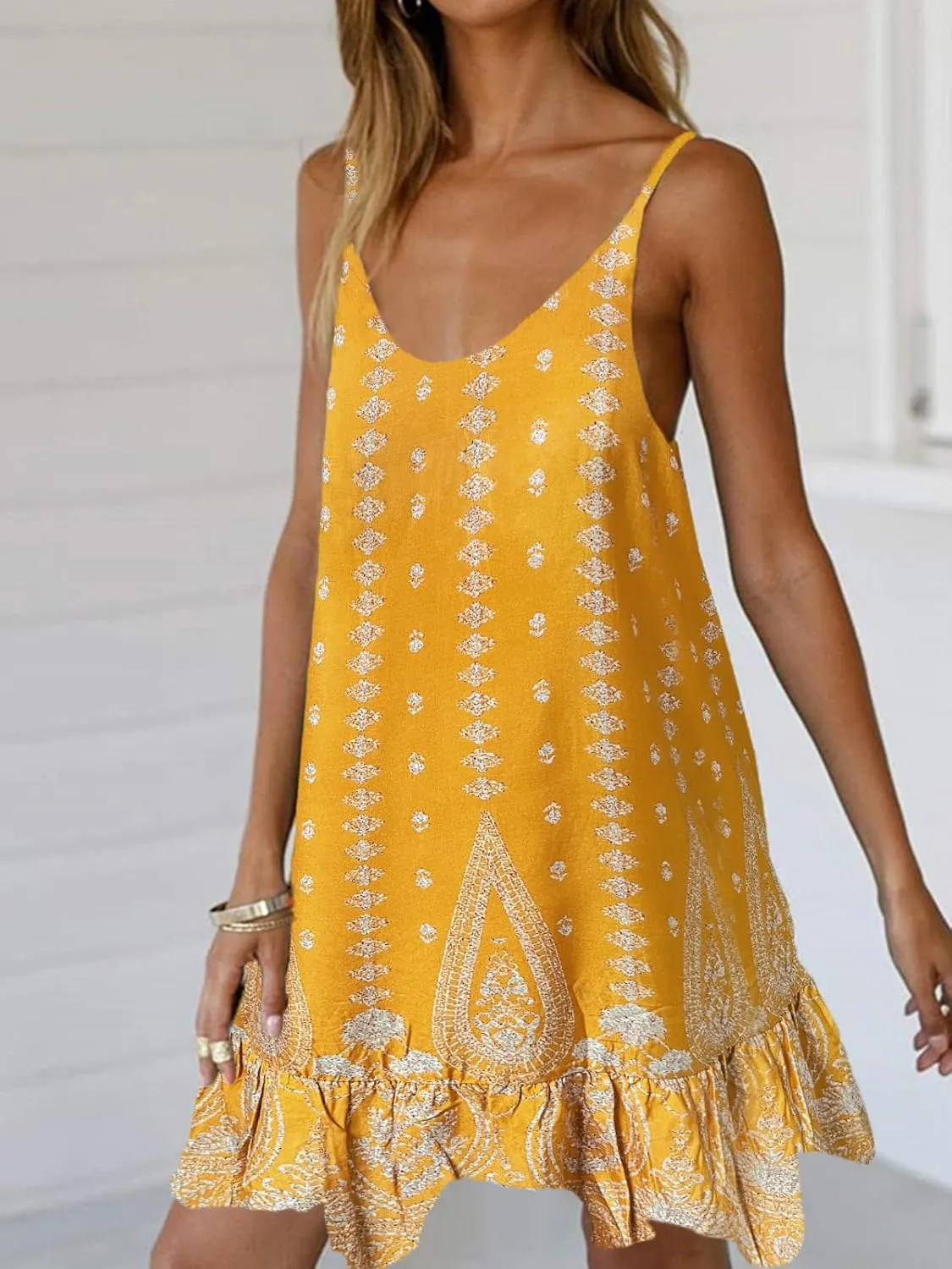 Qearal Womens Boho Floral Printed Dress Summer Sleeveless Adjustable Strap Beach Mini Dress with Pockets