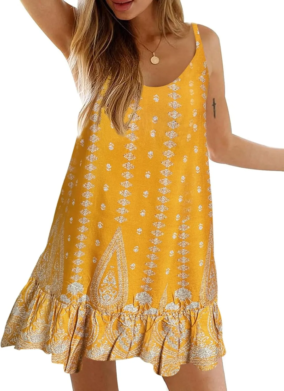 Qearal Womens Boho Floral Printed Dress Summer Sleeveless Adjustable Strap Beach Mini Dress with Pockets