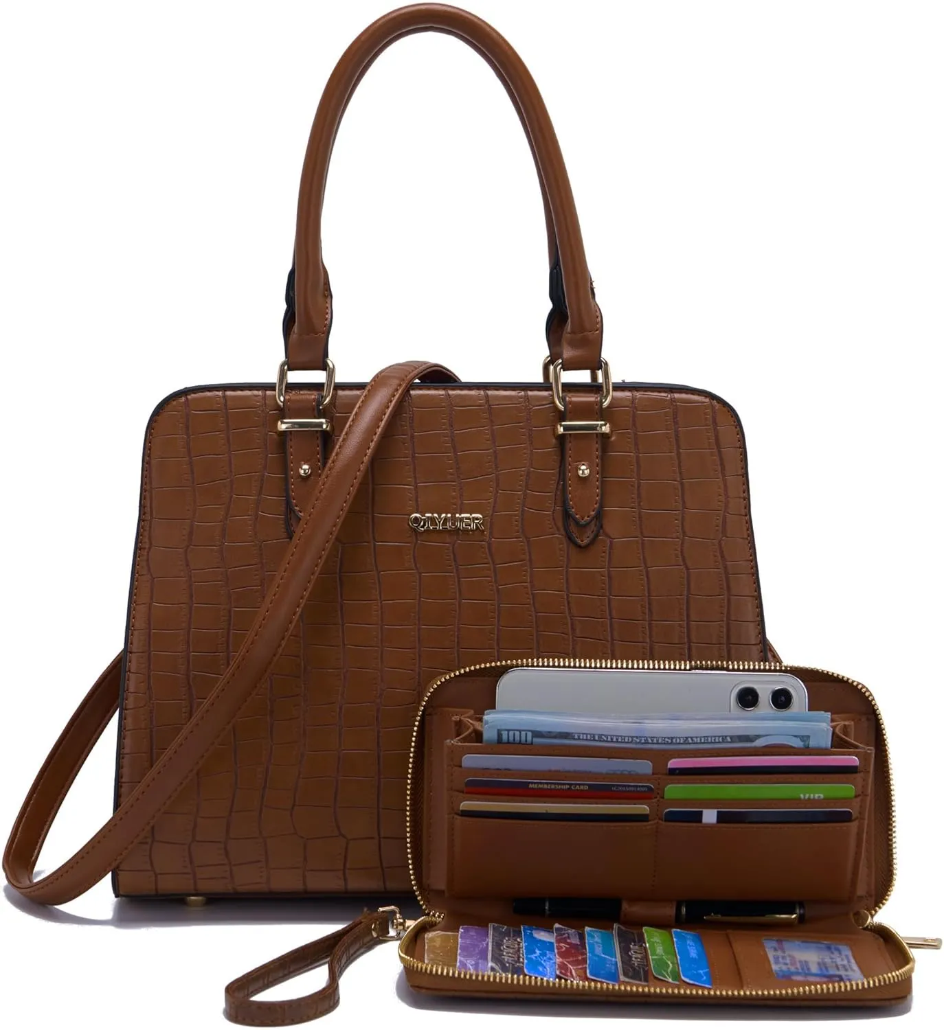 Qiyuer Satchel Purses For Women Top Handle Bag Purse And Wallet Set Work Tote Bags 2pcs