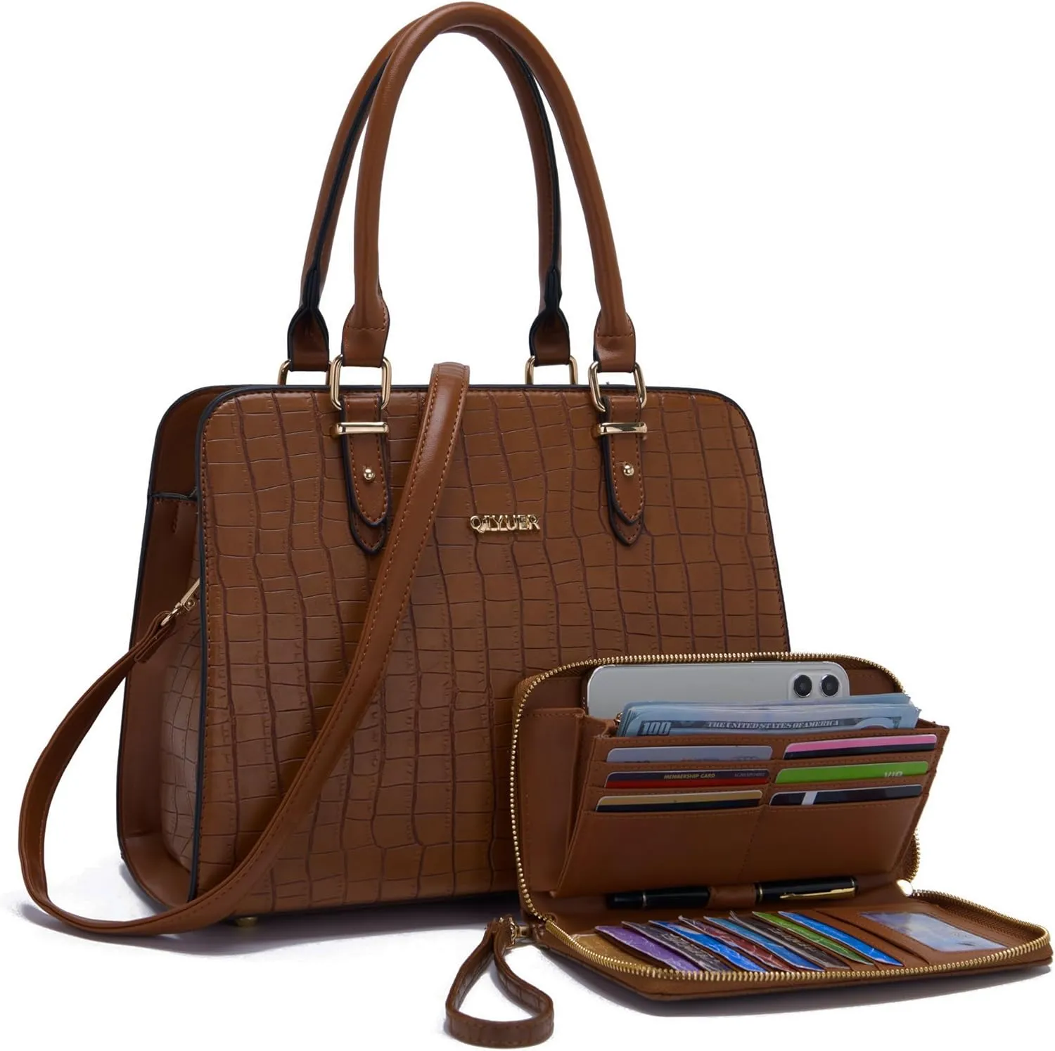 Qiyuer Satchel Purses For Women Top Handle Bag Purse And Wallet Set Work Tote Bags 2pcs
