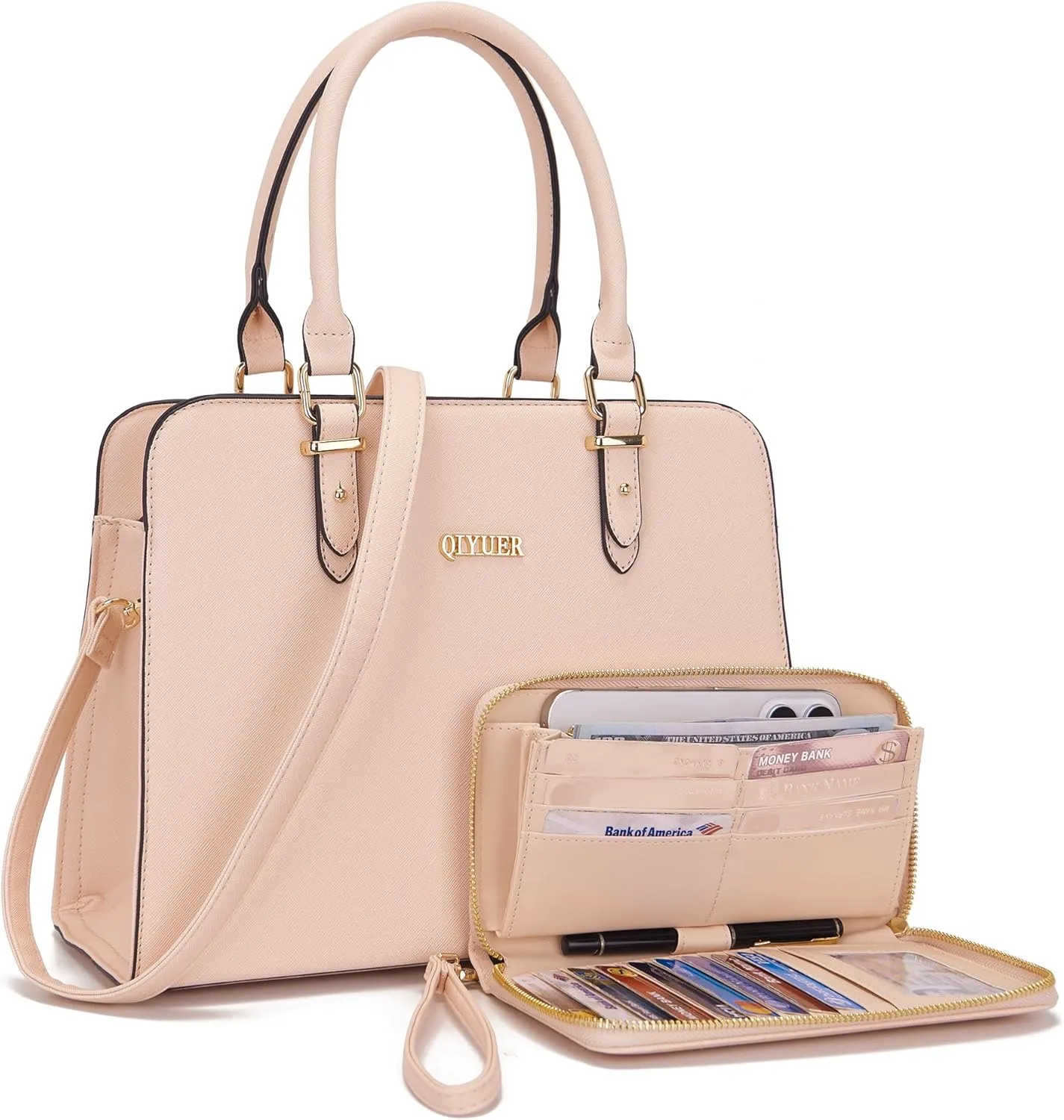 Qiyuer Satchel Purses For Women Top Handle Bag Purse And Wallet Set Work Tote Bags 2pcs