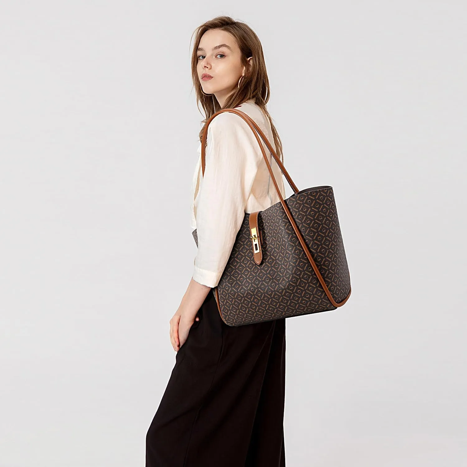 Queenoris Tote Bag for Women, Top-handle Shoulder Handbag Large Capacity Purese Designer Retro Bag with Clutch