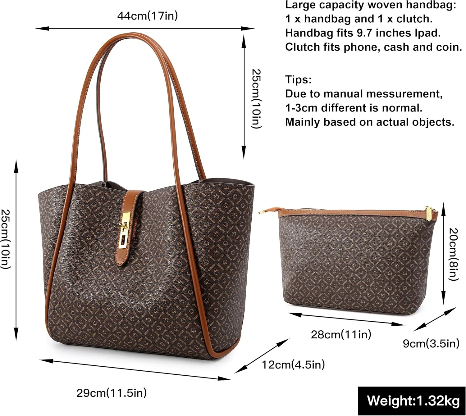 Queenoris Tote Bag for Women, Top-handle Shoulder Handbag Large Capacity Purese Designer Retro Bag with Clutch