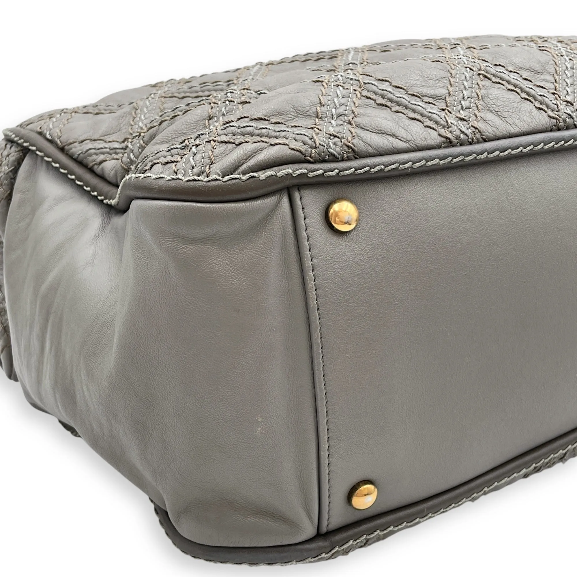 Quilted Stitches Triptych Grey Tote Bag in Calfskin, Gold hardware