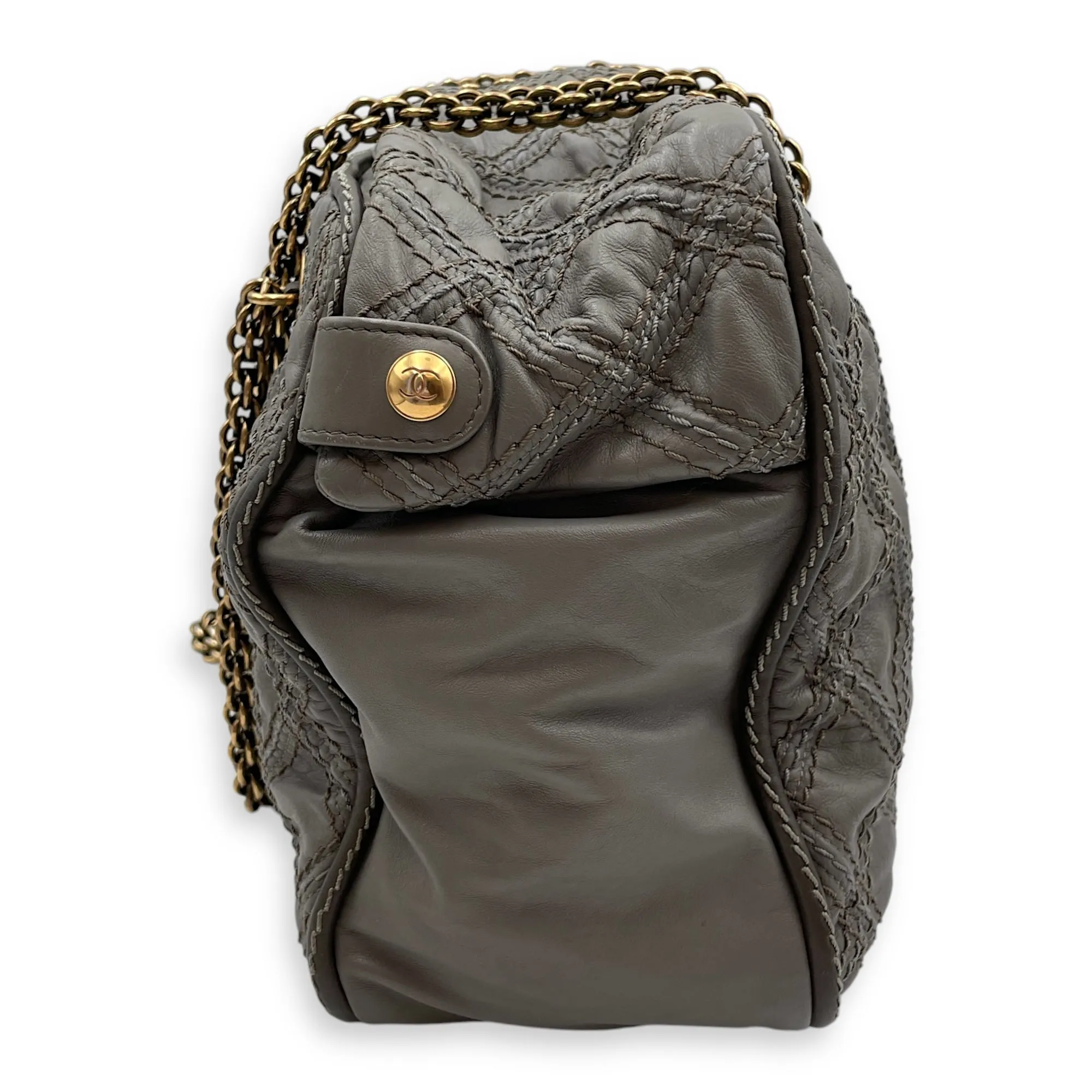 Quilted Stitches Triptych Grey Tote Bag in Calfskin, Gold hardware