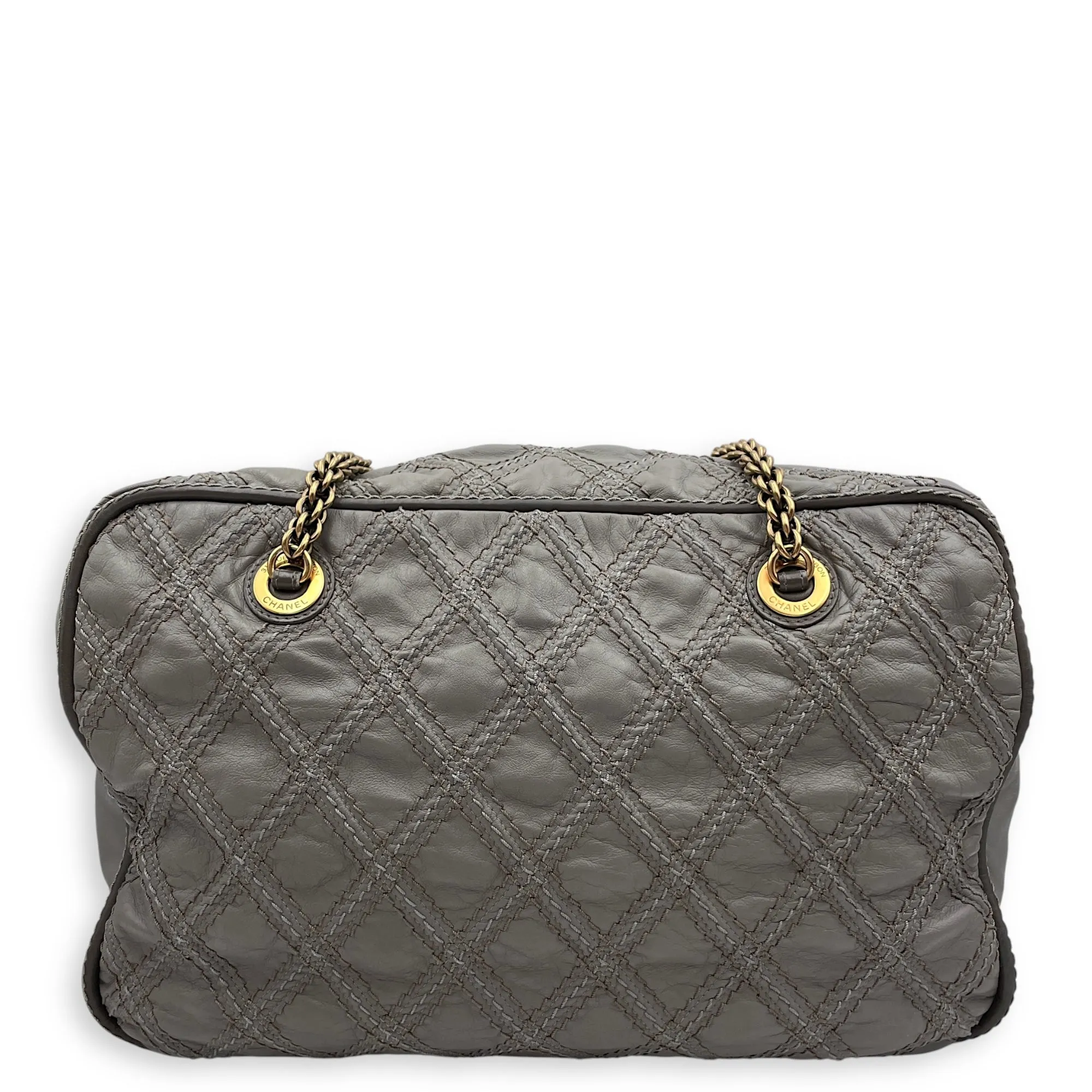 Quilted Stitches Triptych Grey Tote Bag in Calfskin, Gold hardware