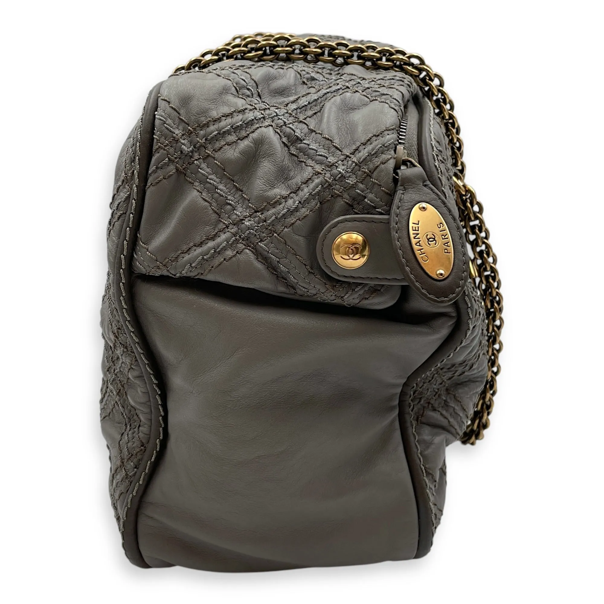 Quilted Stitches Triptych Grey Tote Bag in Calfskin, Gold hardware
