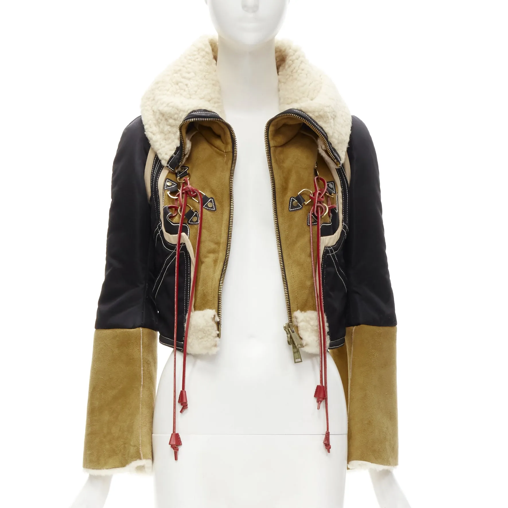 rare DSQUARED2 Vintage Runway brown suede shearling nylon aviator jacket IT40 S