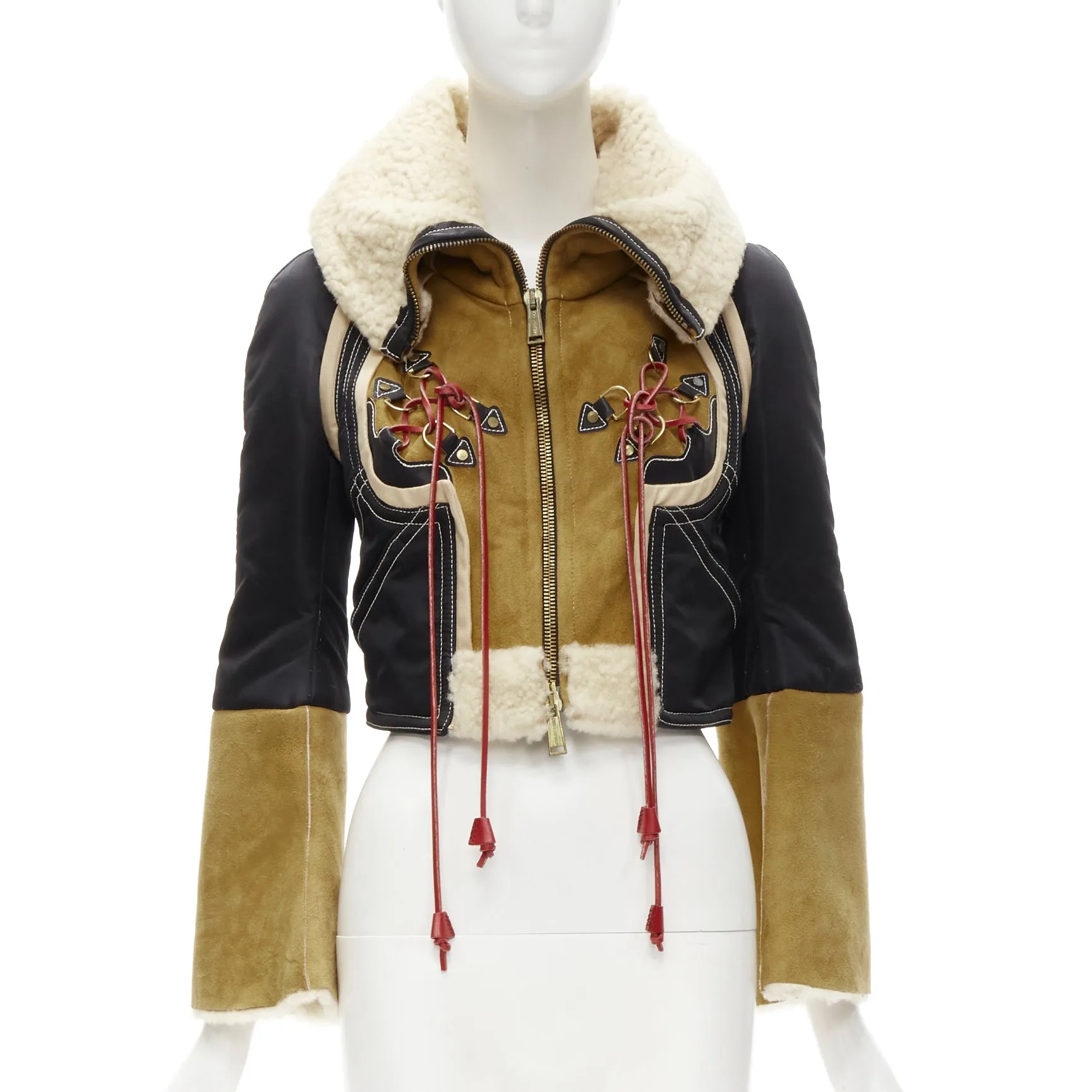 rare DSQUARED2 Vintage Runway brown suede shearling nylon aviator jacket IT40 S