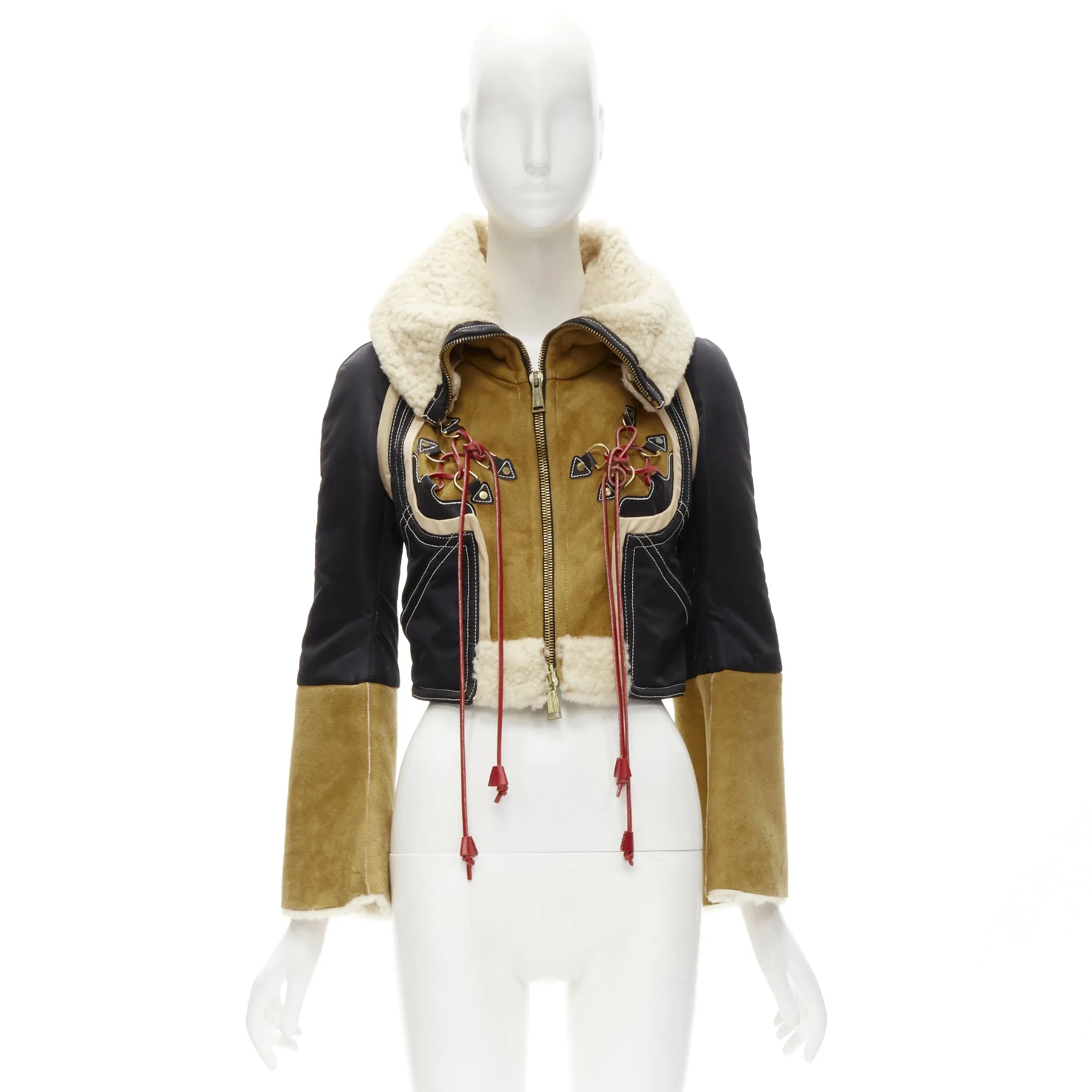 rare DSQUARED2 Vintage Runway brown suede shearling nylon aviator jacket IT40 S