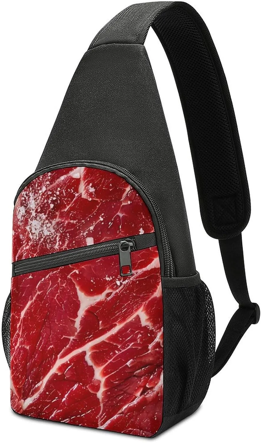 Raw Meat Beaf Casual Crossbody Bag Travel Shoulder Bag Hiking Chest Bag Sling Backpack with Pocket for Men Women