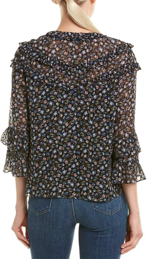 Rebecca Taylor Women's Long Sleeve Floral Printed Ruffle Blouse