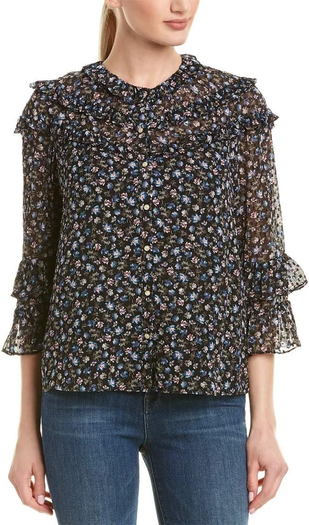Rebecca Taylor Women's Long Sleeve Floral Printed Ruffle Blouse