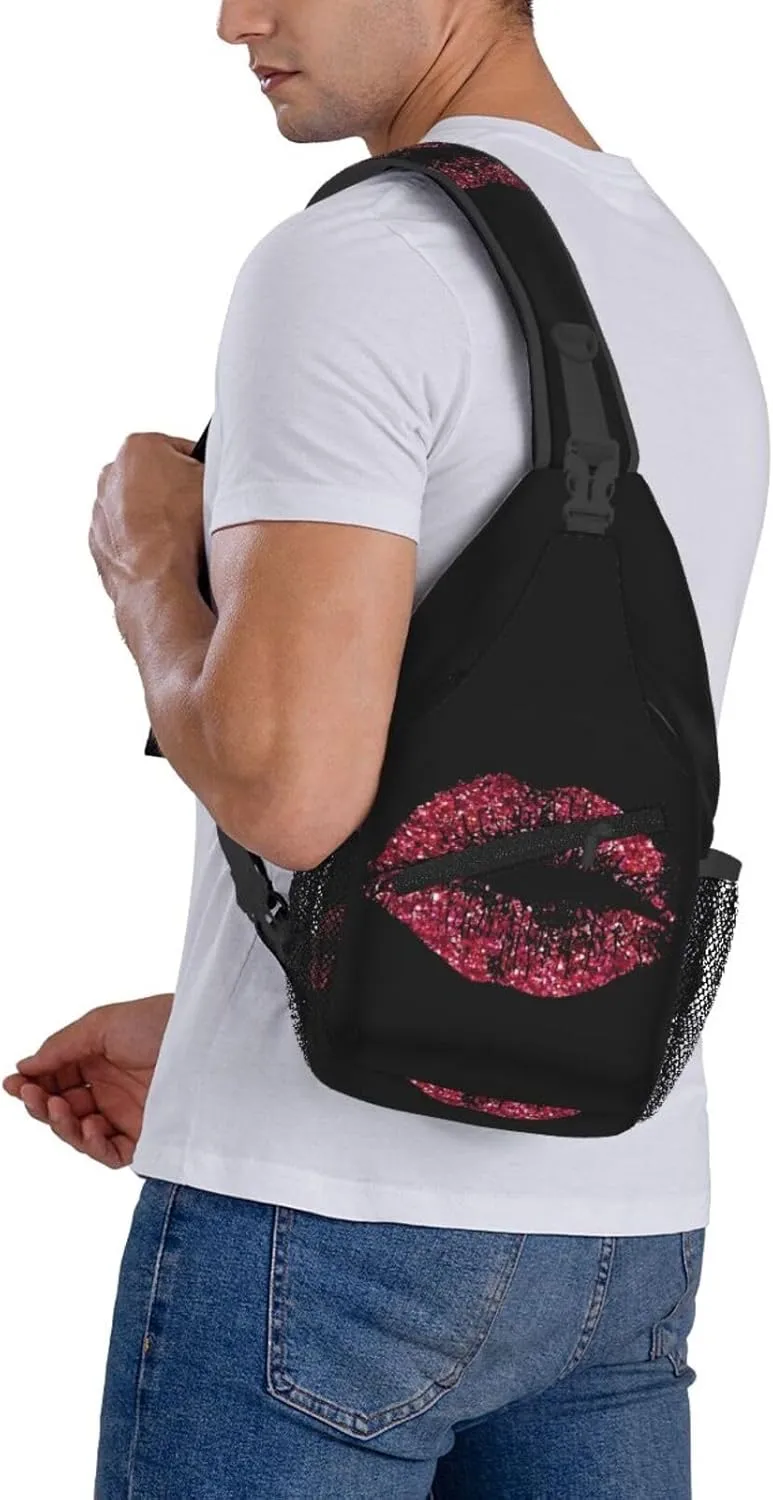 Red Glitter Lips 1 Crossbody Bag Cross Chest Bag Adjustable Sling Backpack Sports Gym Shoulder Bags Travel Cycling Daypack Diagonally Casual Rucksack