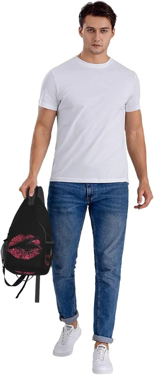 Red Glitter Lips 1 Crossbody Bag Cross Chest Bag Adjustable Sling Backpack Sports Gym Shoulder Bags Travel Cycling Daypack Diagonally Casual Rucksack