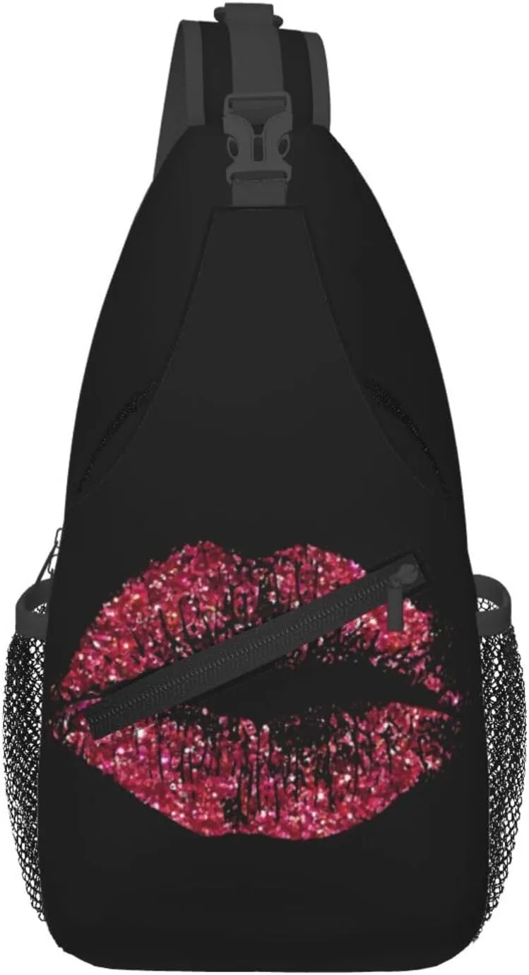 Red Glitter Lips 1 Crossbody Bag Cross Chest Bag Adjustable Sling Backpack Sports Gym Shoulder Bags Travel Cycling Daypack Diagonally Casual Rucksack