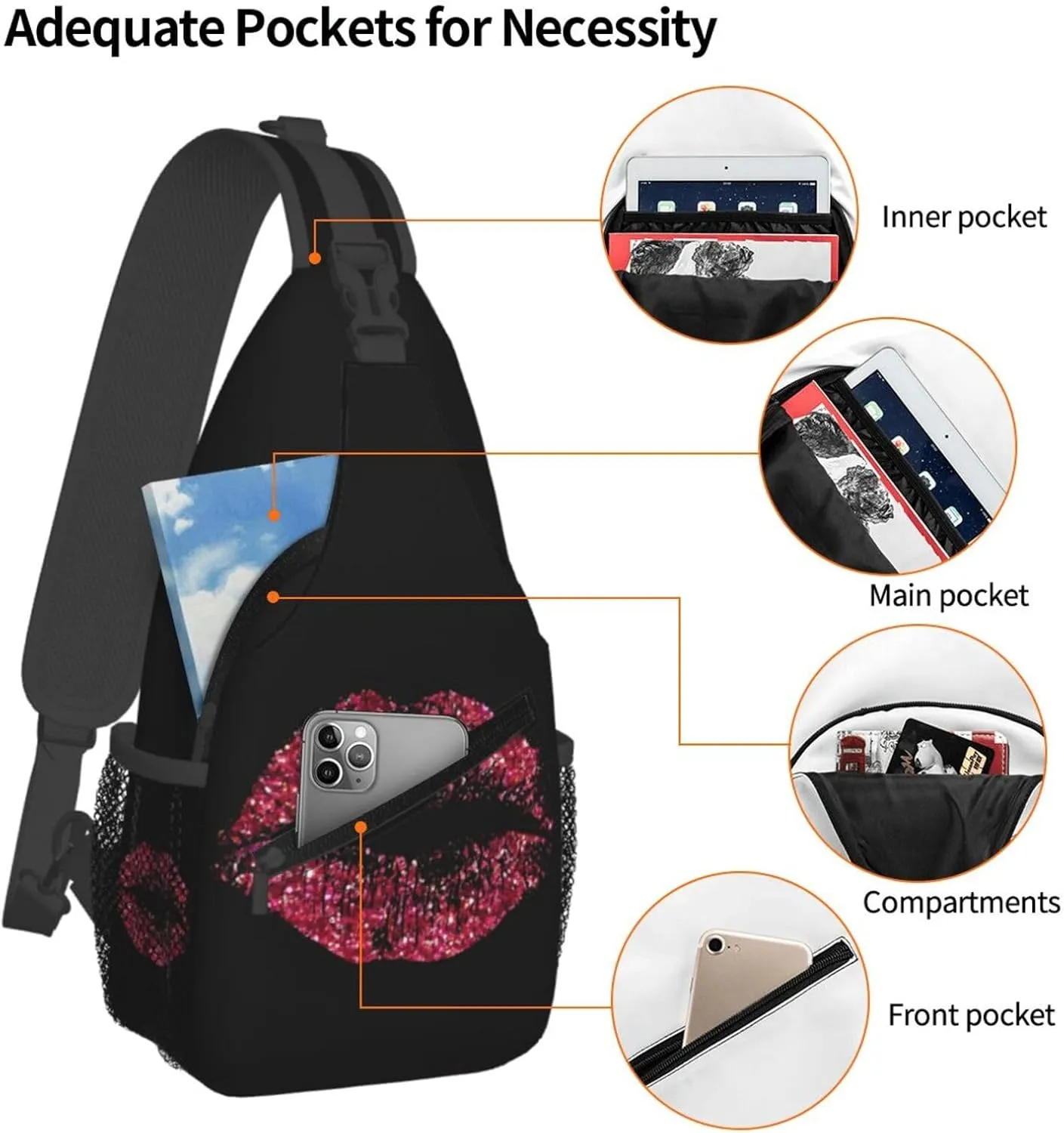 Red Glitter Lips 1 Crossbody Bag Cross Chest Bag Adjustable Sling Backpack Sports Gym Shoulder Bags Travel Cycling Daypack Diagonally Casual Rucksack